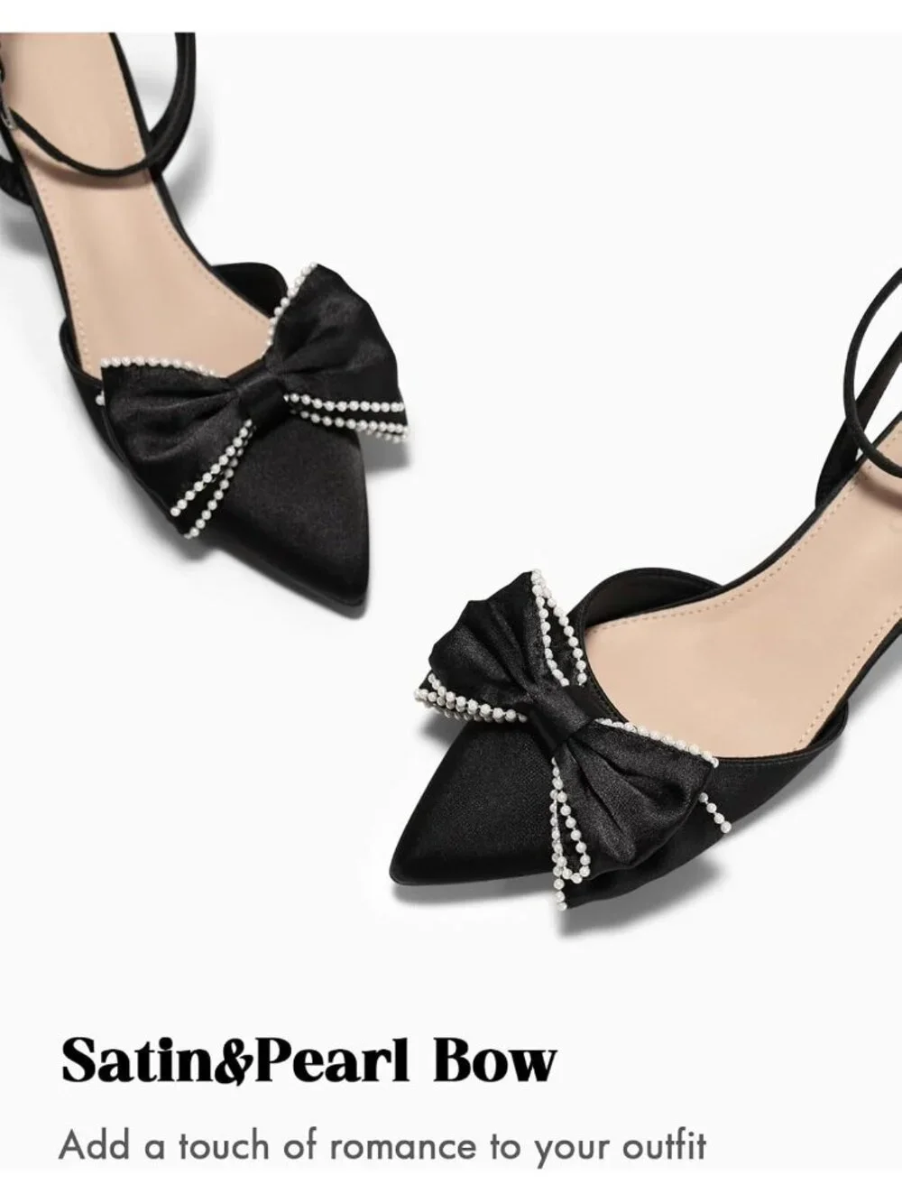 Women's Black Satin Kitten Low Heels Bow Pearl Closed Pointed Toe Ankle Strap